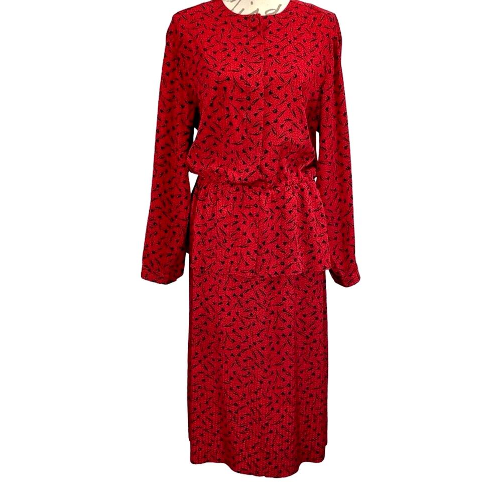 Vintage 80s Blouson Dress Red & Black Handmade Chiffon Secretary Size 8 Medium